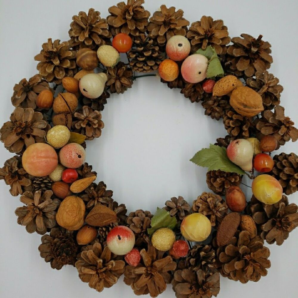 Vintage Door Wreath Fall Autumn 14" Primitive Natural Nuts Fruit Pinecones Folk